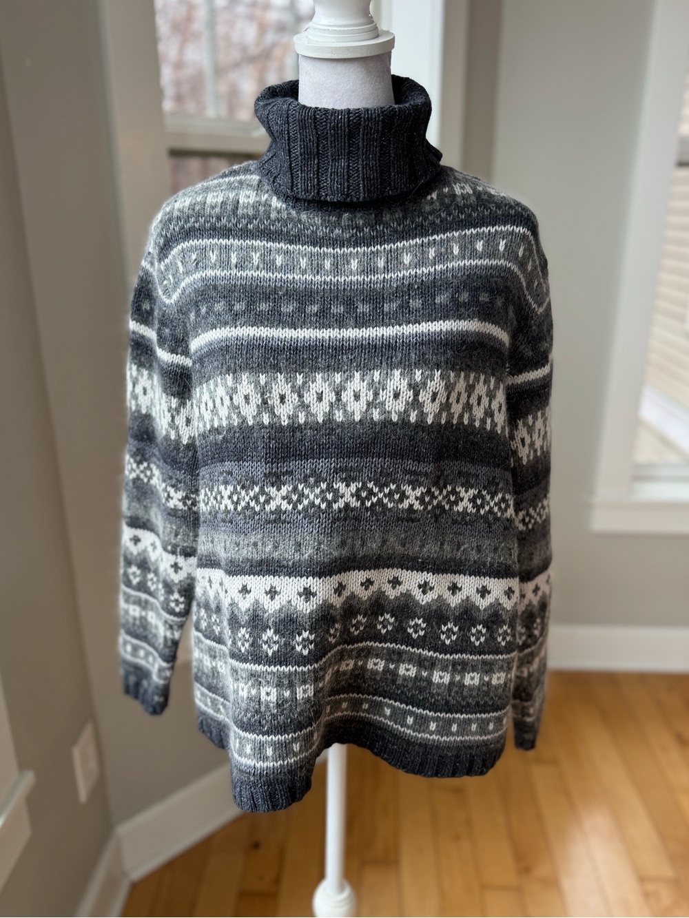 Vintage Croft & Barrow Gray White Fair Isle Silk Angora Turtleneck Sweater Sz M